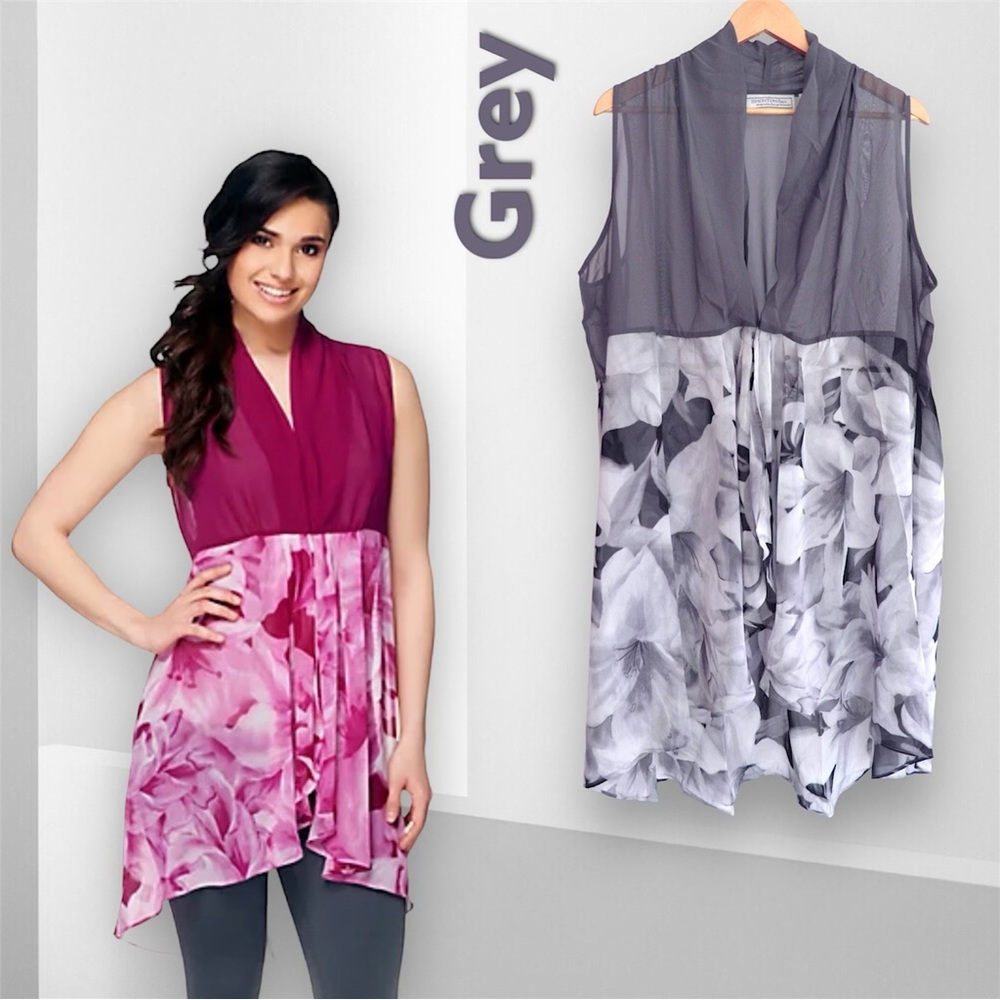 George Simonton Draped Printed Chiffon Duster Vest, NWT 2X Grey A253680